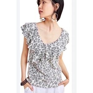 Anthropologie Dolan Savannah‎ Ruffled Tweed Animal Print Top Black White XS